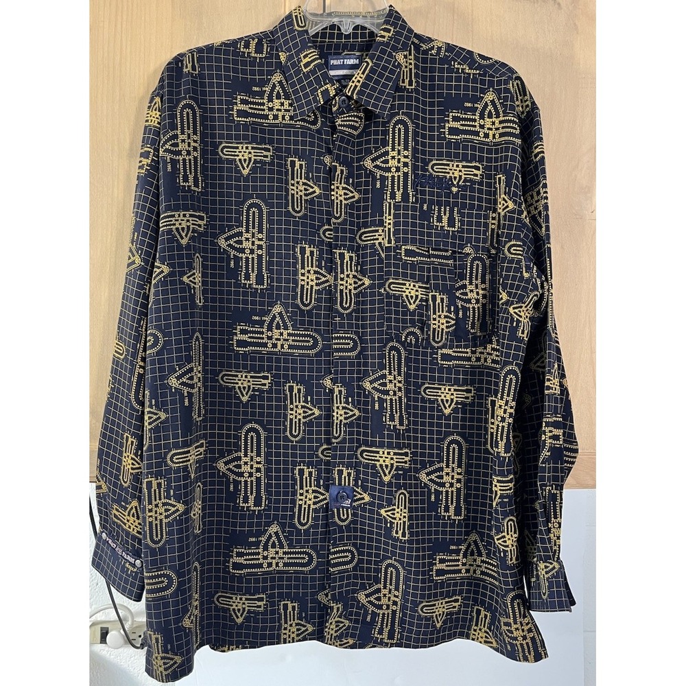 Phat Farm Denim‎ Co. LS Button Up XL All Over Print Hip Hop Y2K 90's